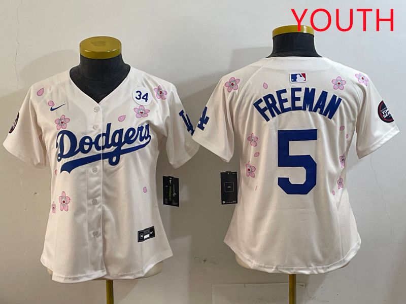 Youth Los Angeles Dodgers #5 Freeman Cream Sakura Edition 2025 Nike MLB Jersey style 4->youth mlb jersey->Youth Jersey